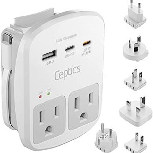 Ceptics Universal Travel Adapter Kit – 2 USA sockets, USB-A, USBC, 1x PD 35W USB-C and USBC Cable, Surge Protected, Plugs for EU, UK, China, AU, Japan - Use with Laptop, Phones, Cameras - ETL Tested