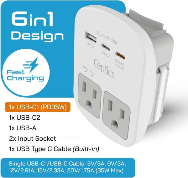 Ceptics Universal Travel Adapter Kit – 2 USA sockets, USB-A, USBC, 1x PD 35W USB-C and USBC Cable, Surge Protected, Plugs for EU, UK, China, AU, Japan - Use with Laptop, Phones, Cameras - ETL Tested - Image 2