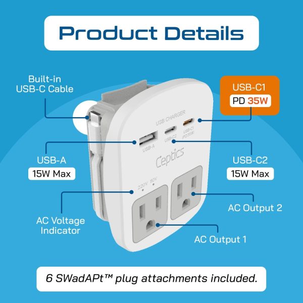 Ceptics Universal Travel Adapter Kit – 2 USA sockets, USB-A, USBC, 1x PD 35W USB-C and USBC Cable, Surge Protected, Plugs for EU, UK, China, AU, Japan - Use with Laptop, Phones, Cameras - ETL Tested - Image 3