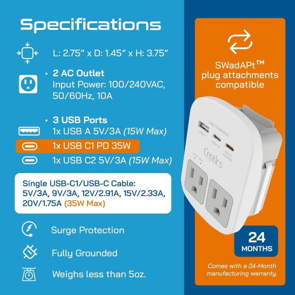 Ceptics Universal Travel Adapter Kit – 2 USA sockets, USB-A, USBC, 1x PD 35W USB-C and USBC Cable, Surge Protected, Plugs for EU, UK, China, AU, Japan - Use with Laptop, Phones, Cameras - ETL Tested - Image 4