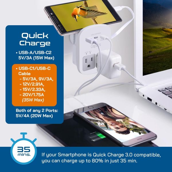 Ceptics Universal Travel Adapter Kit – 2 USA sockets, USB-A, USBC, 1x PD 35W USB-C and USBC Cable, Surge Protected, Plugs for EU, UK, China, AU, Japan - Use with Laptop, Phones, Cameras - ETL Tested - Image 5