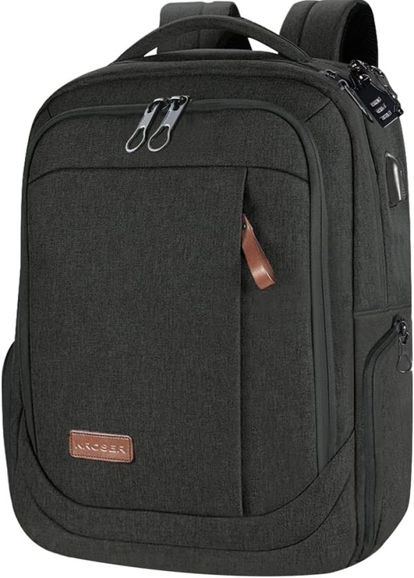 KROSER Laptop Backpack Large Computer Backpack Fits up to 17.3 Inch Laptop with USB Charging Port Water-Repellent Travel Backpack Casual Daypack for Business/College/Women/Men-Charcoal Black