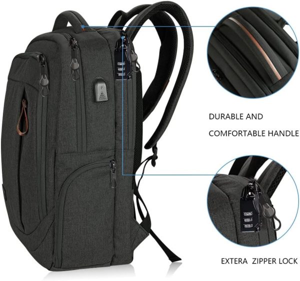 KROSER Laptop Backpack Large Computer Backpack Fits up to 17.3 Inch Laptop with USB Charging Port Water-Repellent Travel Backpack Casual Daypack for Business/College/Women/Men-Charcoal Black - Image 4