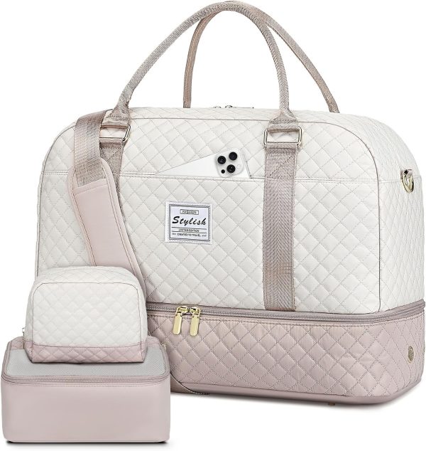 Travel Duffle Bag Weekender for Women: Travel Duffel Bag Carry-On Overnight Bag with Shoe Compartment & Wet Pocket Large Weekend Tote Bag withGym Duffel Bag for Hospital Beige
