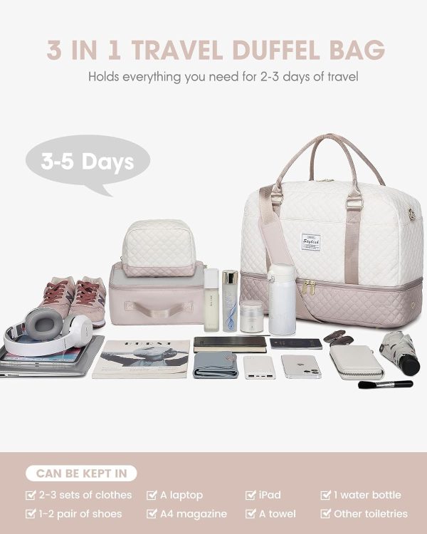 Travel Duffle Bag Weekender for Women: Travel Duffel Bag Carry-On Overnight Bag with Shoe Compartment & Wet Pocket Large Weekend Tote Bag withGym Duffel Bag for Hospital Beige - Image 3