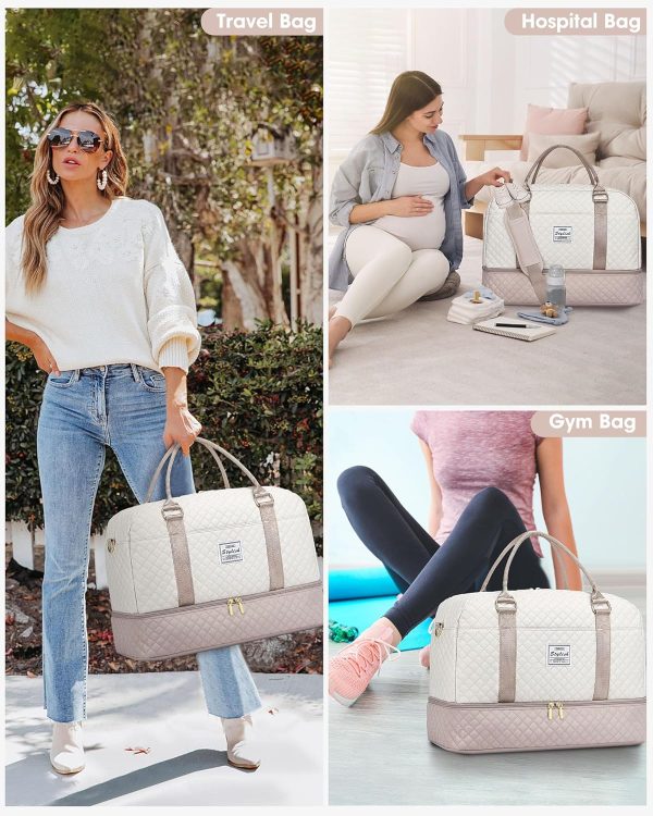 Travel Duffle Bag Weekender for Women: Travel Duffel Bag Carry-On Overnight Bag with Shoe Compartment & Wet Pocket Large Weekend Tote Bag withGym Duffel Bag for Hospital Beige - Image 7